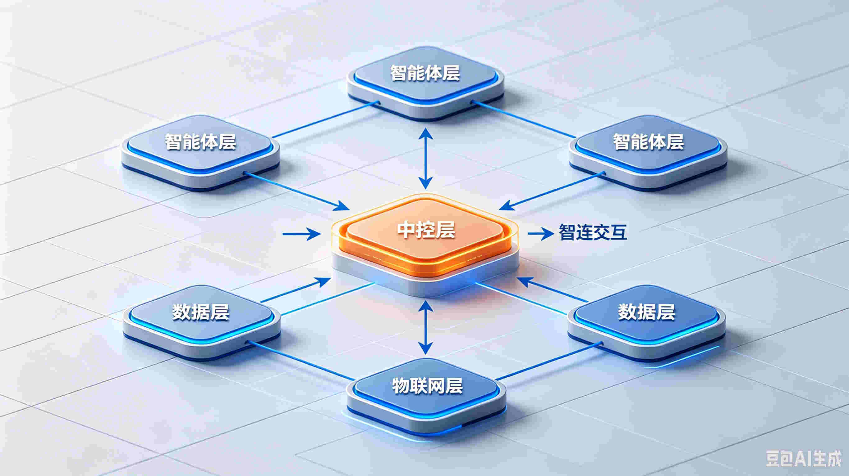 GIS三层解耦架构 - AGI智能体层到IoT设备层数据流示意